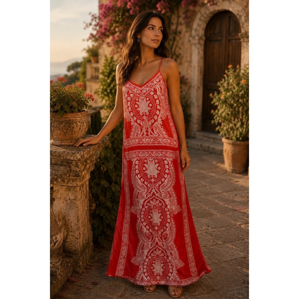 Jealous Tomato Red White Maxi Sleeveless Resort Beach Boho Slip W/Side-slit Sz L